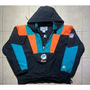 Miami Dolphins 90s STARTER Pullover 1/2 puffer jacket XL black teal NFL Pro vtg